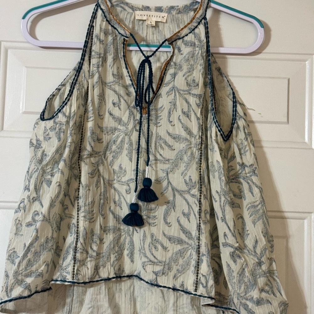 lovestitch Cream Cold-Shoulder Blouse with Navy Tassel Detail